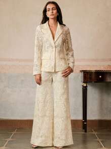 Anewsta Bộ vest trong suốt thêu kim sa chất lượng cao cho sự kiện trang trọng lãng mạn thanh lịch, trang phục mùa xuân cho phụ nữ, quần áo mùa hè - Màu be - Xem 6