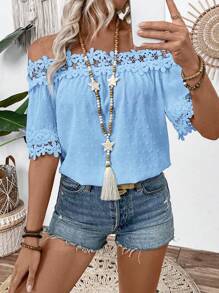 SHEIN LUNE Blusa de manga corta con detalles florales, textura y patchwork de encaje - Azul - Ver 4