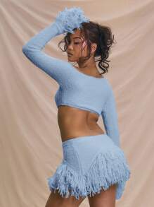 MUSERA 不对称肩部长袖针织袖口毛边细节露脐上衣，适合夏季度假，可爱优雅，适合海滩穿着，伊比沙岛波西米亚风牛仔节音乐会西部风情假日西部之夜秋季冬季时尚春季 - 藍色 - 查看 3