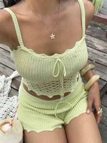 Aloruh 2 pezzi Set di top corto e pantaloncini da spiaggia, tinta verde, all'uncinetto, per vacanze