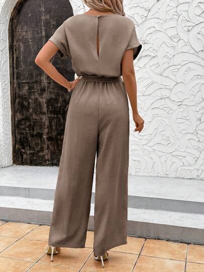 SHEIN Clasi Summer Elegant Women's Blue Cool Linen Pleated Fabric With Shoulder Sleeves And Tied Waist Short Sleeved Jumpsuit, Suitable For Various Occasions, Daily Travel, Outings, Etc
