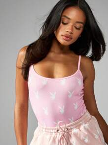 Missguided x Playboy Allover Bunny Print Cami Bodysuit Spaghetti Strap Athletic Loungewear Sleeveless Summer Jumpsuit Playsuit With Drawstring Shorts