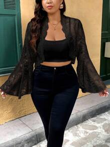 SHEIN Belle Women Plus Size Elegant Lace Cropped Jacket In White Winter Fall Autumn - Black - View 6