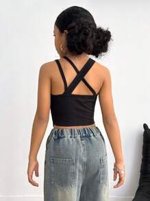 SHEIN Explorewe Maglia In Maglia A Costine Per Ragazze Adolescenti Con Colletto E Orlo Asimmetrici - nero - Visualizzare 2