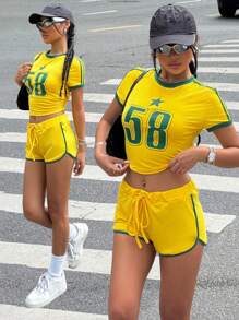 SHEIN EZwear 2 件套女士黄色数字印花短袖 T 恤和短裤运动服