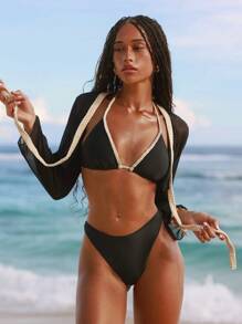 SHEIN Swim Women's Black Solid Color Beach Vacation Sexy Kimono Cover Up With Side Rope Design For Summer - Black - View 3