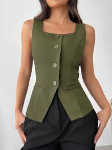 SHEIN EZwear Chaleco de traje de mujer de corte slim en color verde oliva tejido para otoño/invierno - Verde militar - Ver 4