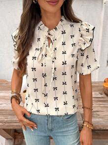 EMERY ROSE Spring New Bowknot Print V-Neck Sweater Women, Fashionable Versatile Pullover Short Sleeve Blouse - Beige - View 5