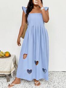 SHEIN Frenchy Plus Size Women Heart Cutout Embroidered Casual Blue Dress, Suitable For Holiday And Daily Commute - Blue - View 2