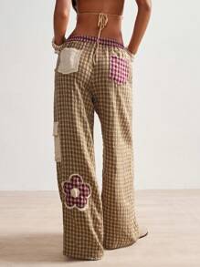 Bohemela 女士宽松乡村度假风格编织格子拼接低腰直筒裤，夏季 - 棕色 - 查看 6