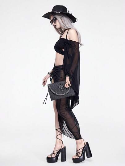 Goth Gothic Black Straw Woven Clutch Envelope Bag With Cross & Chain Decor For Beach Vacation
