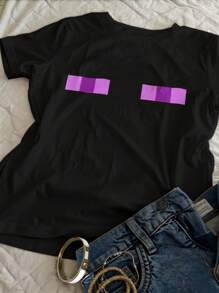 INAWLY Camiseta gráfica estética ajustada de estilo gótico minimalista y casual de manga corta con estampado de pixeles de bloques de color y ojo morado para mujer con tallas grandes, estilo callejero y clubwear punk - Negro - Ver 3