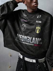 NEON BLANC Men Street Style Knit Long Sleeve Crew Neck Letter & Spider Web Print T-Shirt, Summer - Black - View 4