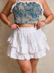 Flirla Quần short bo gấu cạp chun màu trơn cỡ lớn có viền xếp nếp vá - trắng - Xem 1