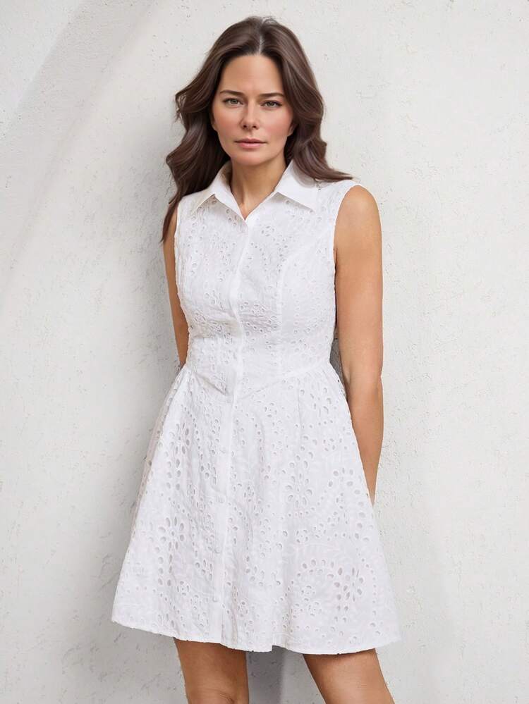 Women Summer Casual Hollow-Out Embroidery Sleeveless Mini Dress