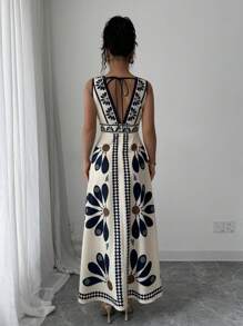 Elenzga Floral Print V-Neck Sleeveless Dress For Women, Vacation