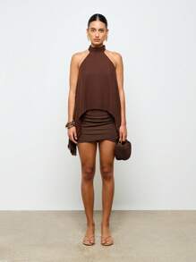 AiiRZ Canotta con scollo a giro e effetto cascata, blusaCarsaablu in chiffon drappeggiato, con orlo asimmetrico, abbigliamento da festa e da sera, smanicata, con orlo alto-basso, moda autunnale