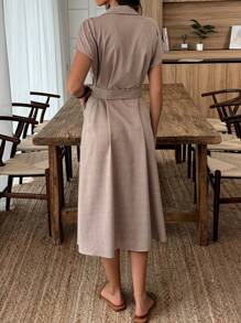 Elouméa Vestido de manga corta con largo midi para mujeres, conjunto de moda de verano - Marrón - Ver 2
