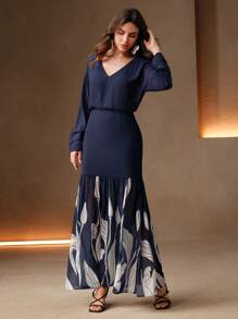 Anewsta Floral Print V-Neck Elegant Long Sleeve Ruffle Hem Dress - Navy Blue - View 3