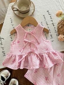 SHEIN LMoss Kids 女婴可爱夏季粉色和白色条纹蝴蝶结无袖上衣和松紧腰短裤套装 - 粉色 - 查看 4