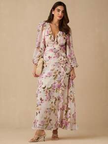 Enchnt 春夏浪漫女士杏色和紫色玫瑰印花深 V 领长袖荷叶边长裙，甜美优雅，适合度假、约会、节日、派对、毕业典礼、婚礼宾客和海滩，舞会礼服，女士夏季连衣裙，女士太阳裙，夏季服装，优雅的派对连衣裙