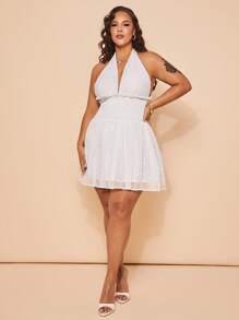 SHEIN BAE Plus Size Women Shirred Halter Tie Polka Dot Mesh A-Line Short Dress, Mini Party Dress, Elegant Dress, French Dress, Evening Gown, Birthday Dress, Bridesmaid Dress, Simple Graceful Daily Dress, Wedding Guest Dress, Cocktail Dress,Sexy Dresses For Women,Elegant Dress,Ruffle Skirt,Rave Outfits Festival,Festival Outfits,Going Out Tops Women,Birthday Dresses For Women,Dresses For Women Elegant,Graduation Dresses For Women,Summer Dresses For Women - White - View 5