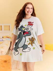 TOM & JERRY X SHEIN Plus Size  Summer  Y2K Cleanfit Casual Rave Outfits Festival  Punk Cover Up  Retro Vintage Cartoon Casual Cute Funny White  Cat Star Print Round Neck Casual Short Sleeve Sleep Dress