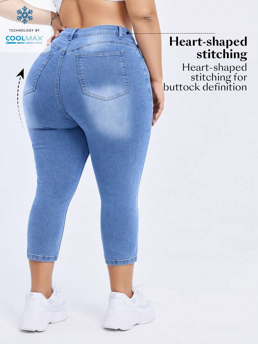 SHEIN Essnce Enge anliegende, dehnbare, gestrickte Jeans-Hosen mit Taschen in großen Größen, Sommer