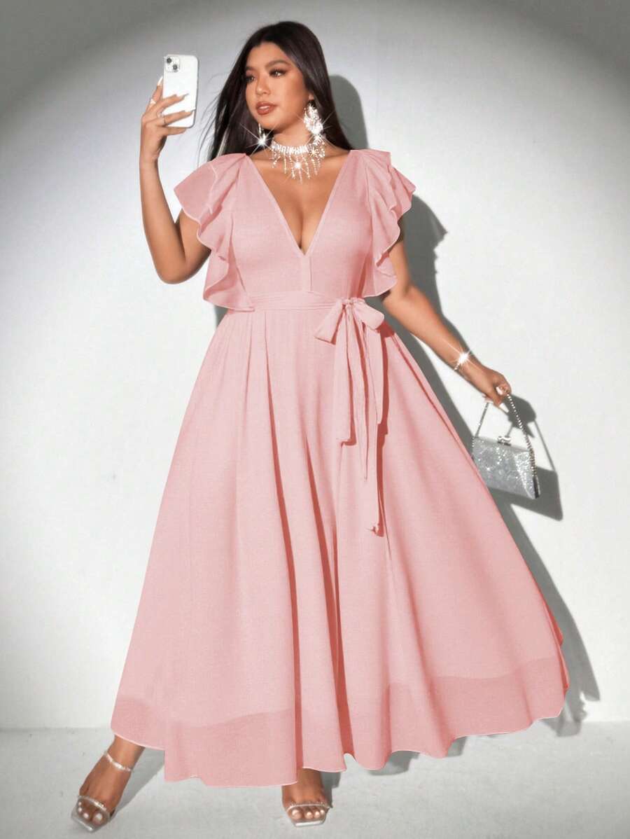 Viva Relle 大码女式优雅浪漫系带深 V 领荷叶边袖 A 字形雪纺连衣裙 - 粉色 - 查看 1