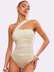Hauture Summer Office Solid Asymmetrical One Shoulder Ruched Bodysuit