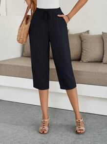 EMERY ROSE Women Solid Color Elastic Waist Casual Versatile Capri Pants Work Pants - Blue - View 6