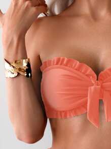 SHEIN Swim 女式夏季海滩纯色荷叶边抹胸比基尼套装，前结两件套泳衣，黑色泳衣