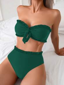 SHEIN Swim Women's Summer Beach Solid Color Ruffle Trim Bandeau Bikini Set With Front Knot, Two Pieces Swimwear Black Bathing Suits - Olive Green - View 1