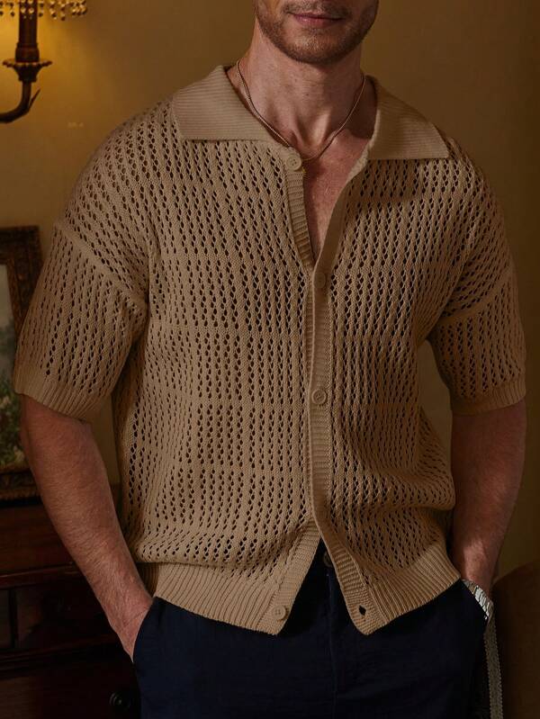 Manfinity CityGents Herren Lässig Zwei-Ton gestreiftes Muster Knopf offener gestrickter Pullover, gestricktes Knopfhemd für Herren