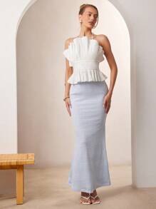 L'Amorae Elegante blusa blanca de verano con cuello halter plisado, detalle de volantes y espalda fruncida, para mujer, para la playa - Blanco - Ver 5