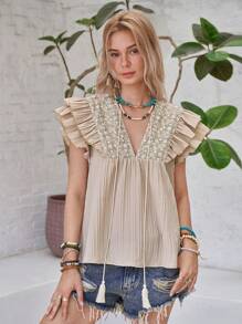 LanaWest Nuova blusa casual con scollo a V, ricamo in pizzo, maniche a volant e fiocco decorativo sulla parte anteriore, adatta per le vacanze, modello ampio