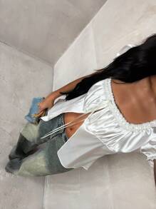 Glamine Women's Solid Color V-Neck Pleated Bust Short Sleeve Blouse - White - View 3