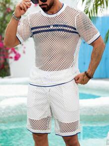 Manfinity RSRT Men's Color Block Trim Hollow Out T-Shirt + Drawstring Shorts Set, Casual Holiday Outfit - White - View 8