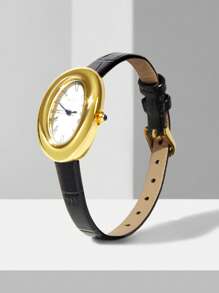 MOTF OVAL SHAPED GOLD COLOR ROMAN NUMERAL WOMEN'S WATCH - Black - View 8