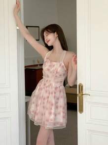 DAZY 女士花卉印花雪纺露背系带夏季短款连衣裙 - 粉色 - 查看 6