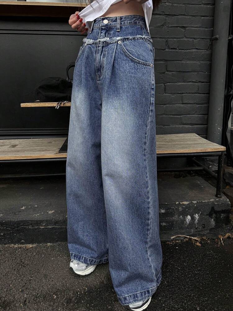 Jeans largos hasta el tobillo con pierna recta, deshilachados y con degradado azul, de 2 en 1, para todas las temporadas