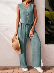 SHEIN Frenchy 2pcs/Set Women Solid Color Sleeveless Button Front Top And Long Pants Summer Casual