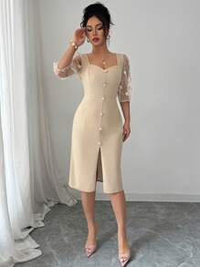 Selianne Vestido de cuello cuadrado, ajustado, con abertura frontal, de corte ceñido - Albaricoque - Ver 5