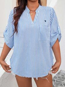 SHEIN LUNE 大码春/秋休闲条纹衬衫，缺口领和卷袖，职业上衣，舒适棉质商务休闲女式工作衬衫，商务衬衫