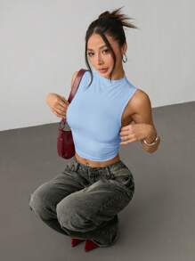 SHEIN PETITE Áo ba lỗ cổ bẻ màu xanh trơn cho mùa hè - Màu xanh nhạt - Xem 6