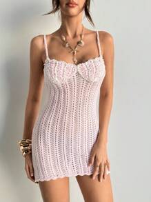 Aloruh Women's Sexy Solid Color Slim Fit Mini Camisole Knit Dress, Summer - Pink - View 7