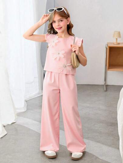 2 件套青少年女孩时尚无袖上衣和长裤套装，适合夏季