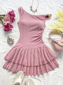 Soleia Women Vacation Textured Knit Asymmetric Shoulder Pink Mini Dress With 3D Floral Decor, Fitted With Ruffle Hem - Pink - View 6