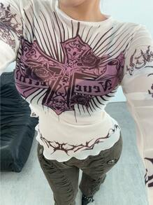 POPSWAY Plus Size Women Gothic Rock Dragon Print Mesh See-Through Fitted Base Layer Top, Y2K Baddie Vintage Style Long Sleeve T-Shirt, Spring/Summer - Apricot - View 5