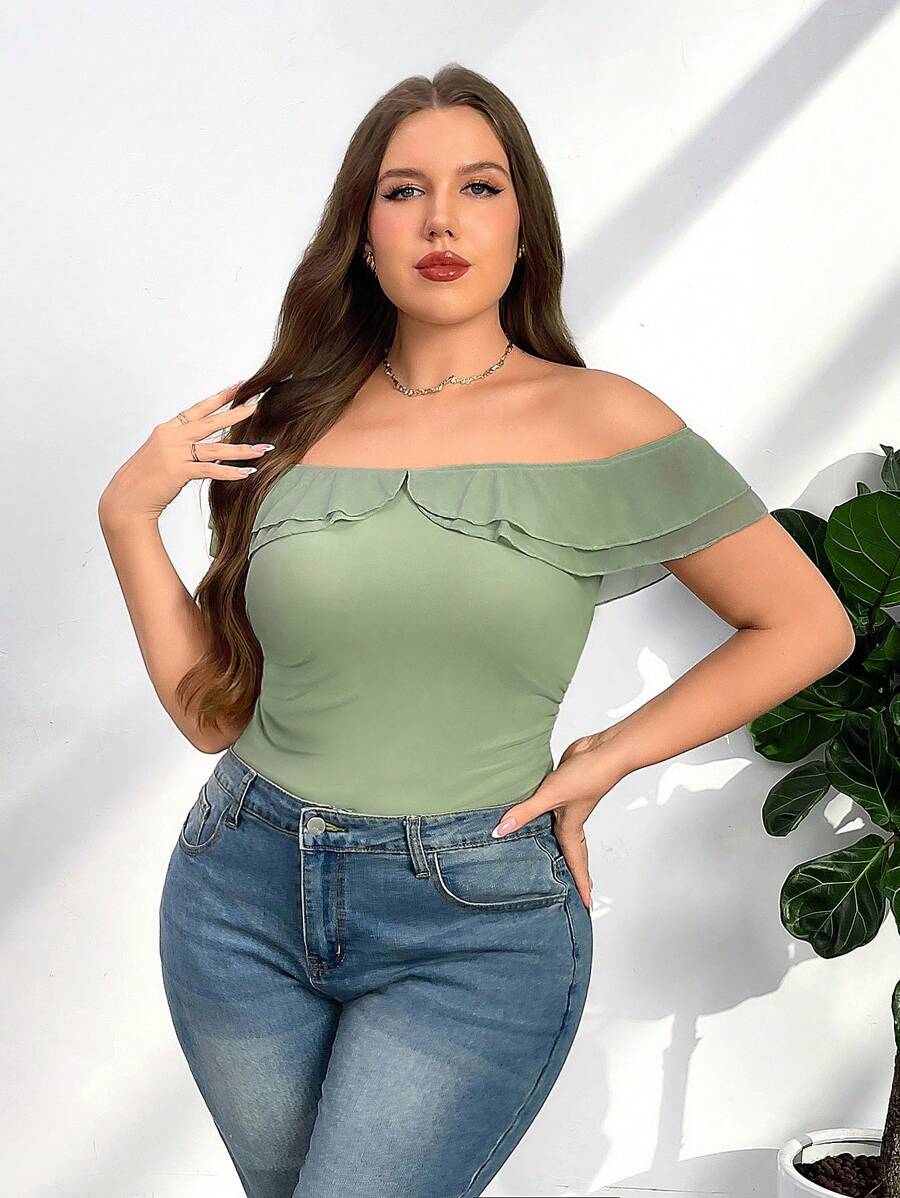 Firerie Plus Size Valentines, Wedding, St. Patrick's Day Spring/Summer New Simple Elegant Romantic Floral Green Solid Color One Shoulder Layered Ruffle Fitted Bodysuit - Green - View 1